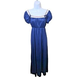 Vtg 70s Dark Romantic Long Nightgown Nylon Lace Bows Off Shoulder Puff Sleeve M